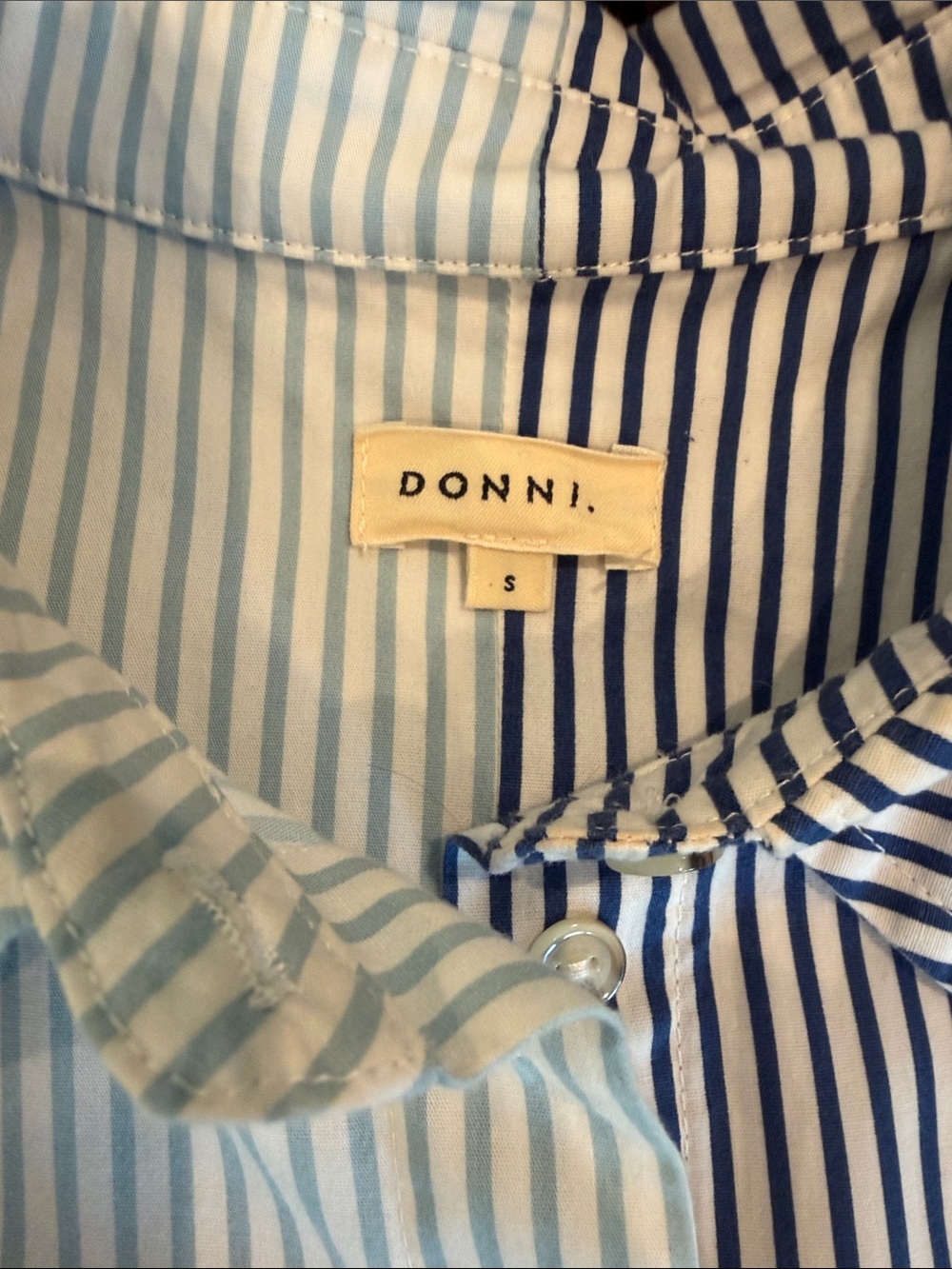 DONNI. Two-Tone Vertical Stripe Button-Down Shirt - Light Blue & Navy - Picture 2 of 6
